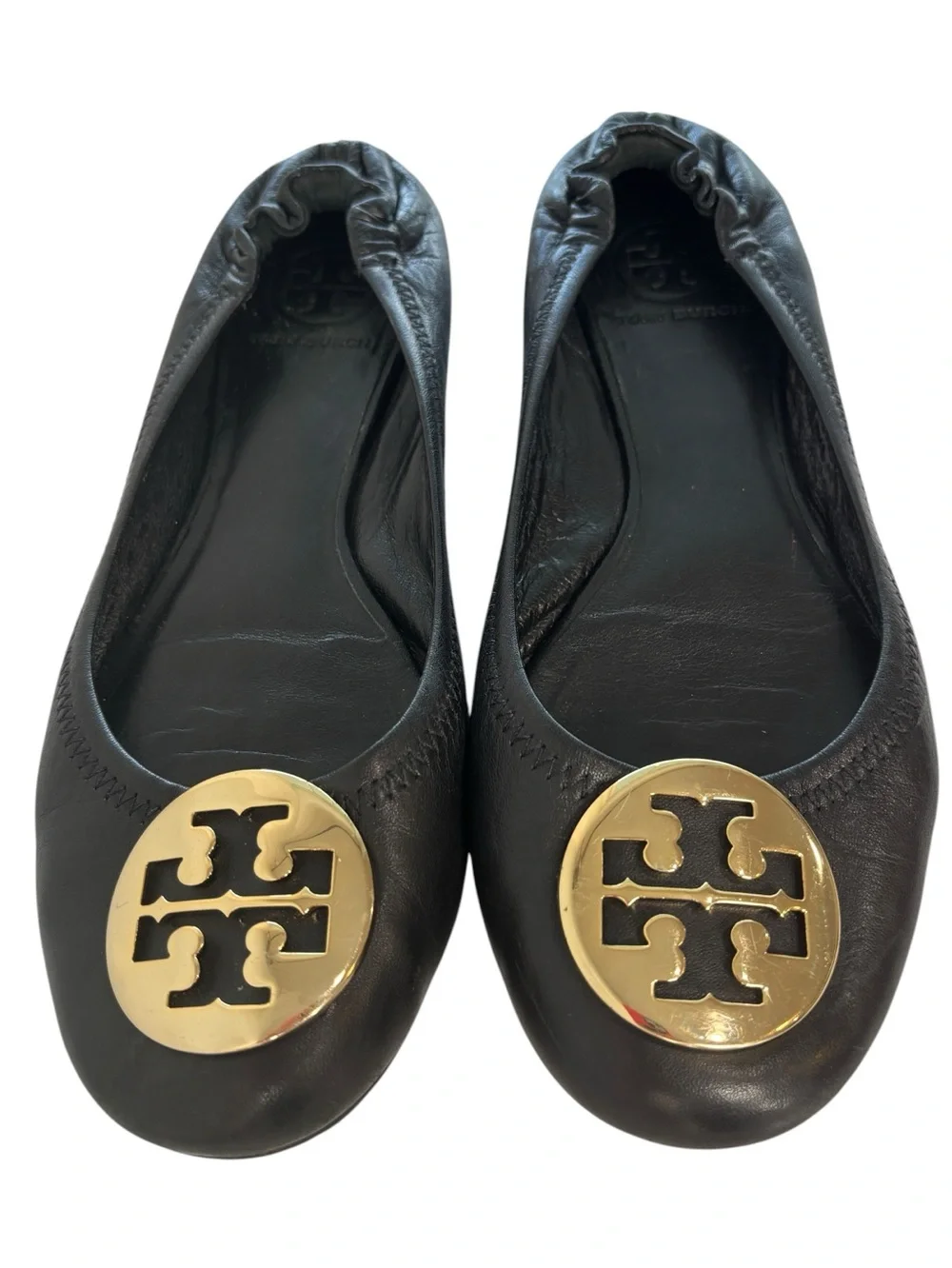 Tory Burch Minnie Leather Ballet Flats Womens Shoe Size 8 Black Travel Gold Logo